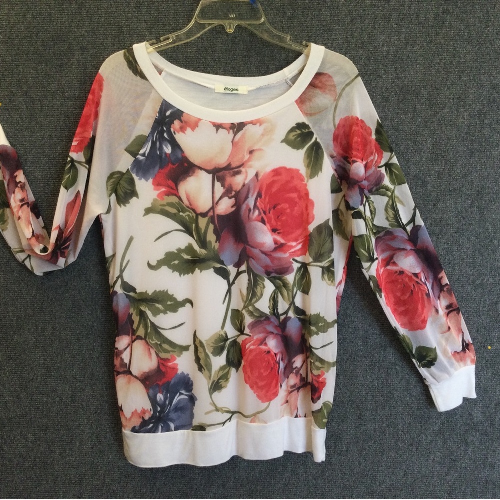 ELOGES sheer white/red floral soft oversized pullover.  Light weight, unique
